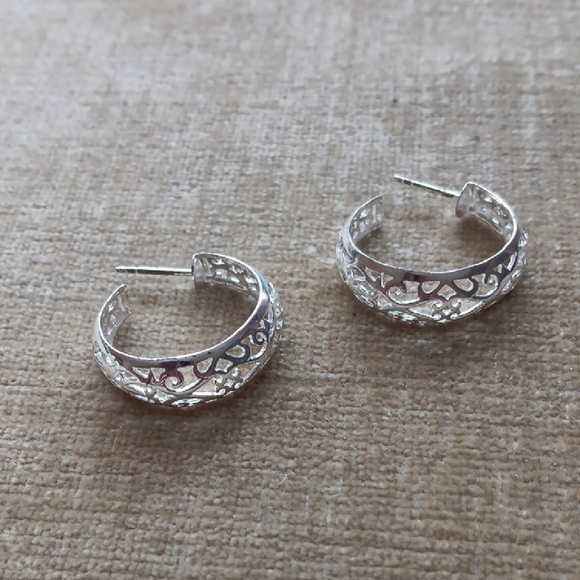 Silver Tone Cut Out Hoop Earrings - Picture 2 of 4